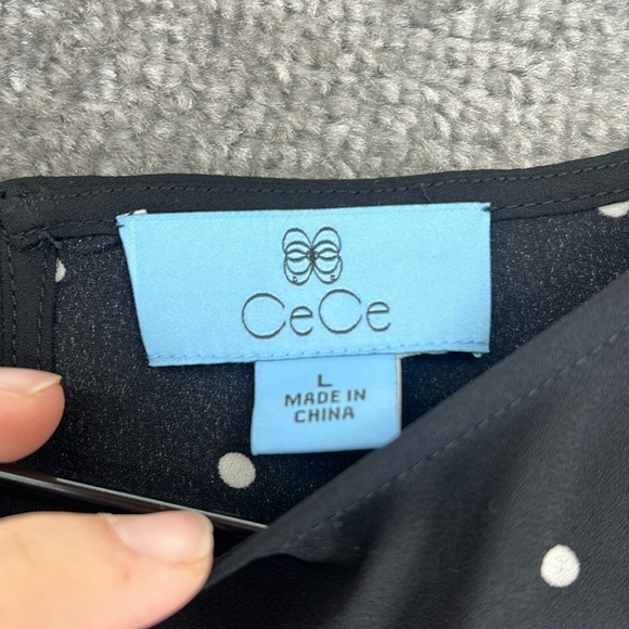 CeCe Short Sleeve Blouse Shirt Top Black White Polka Dot Womens Size L - Picture 5 of 8